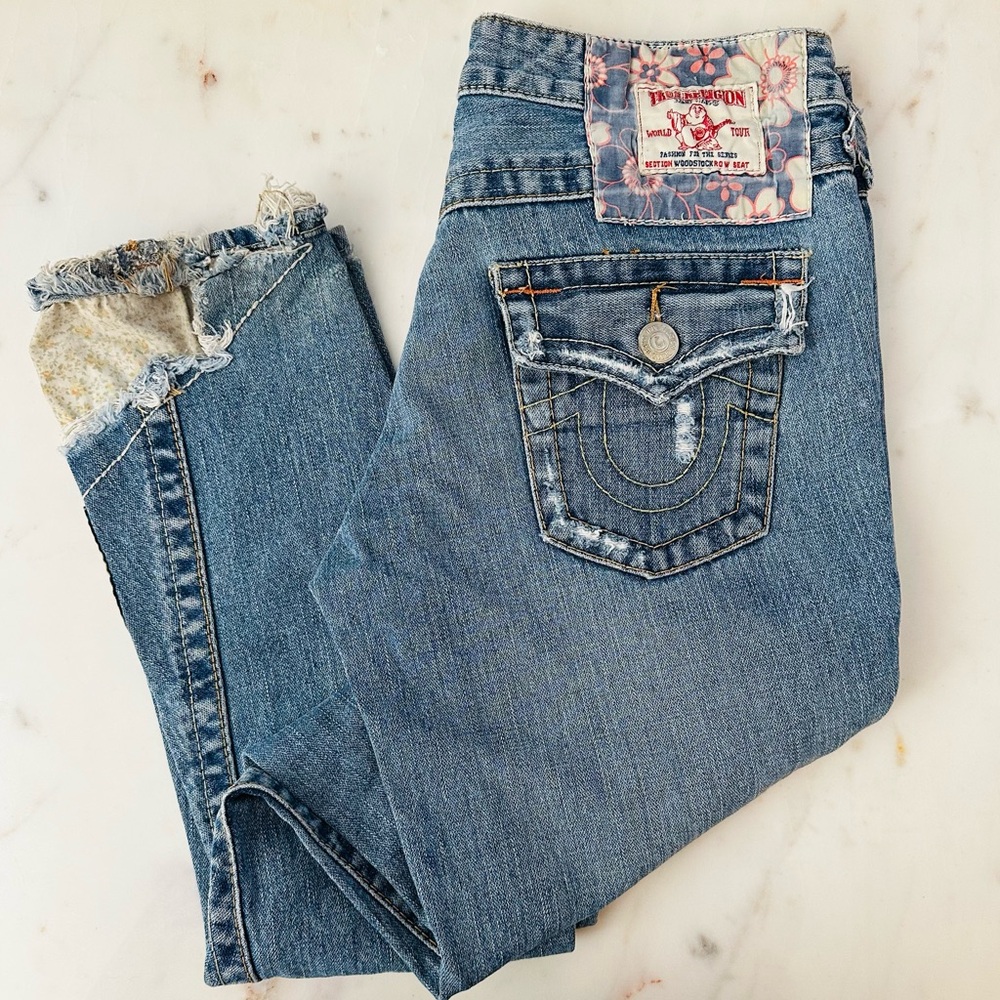True Religion Low Rise Vintage Boho Patchwork Skinny Distressed Blue Jeans - Picture 2 of 16